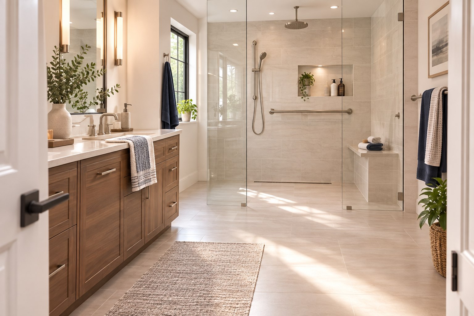 Premium accessible bathroom renovation with a curbless shower and integrated grab bars.