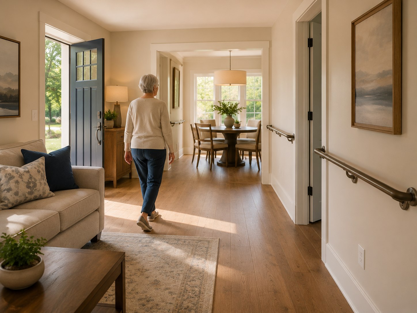 Warm accessible home interior with integrated handrails and open circulation.